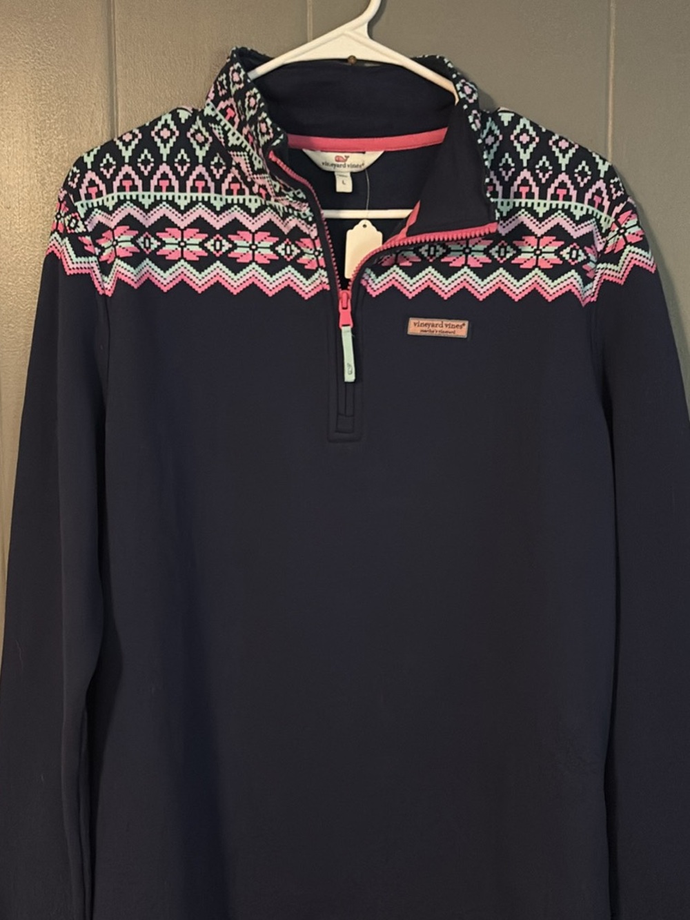 Vineyard Vines Navy Quarter-Zip Pullover with Pink & Mint Fair Isle Yoke